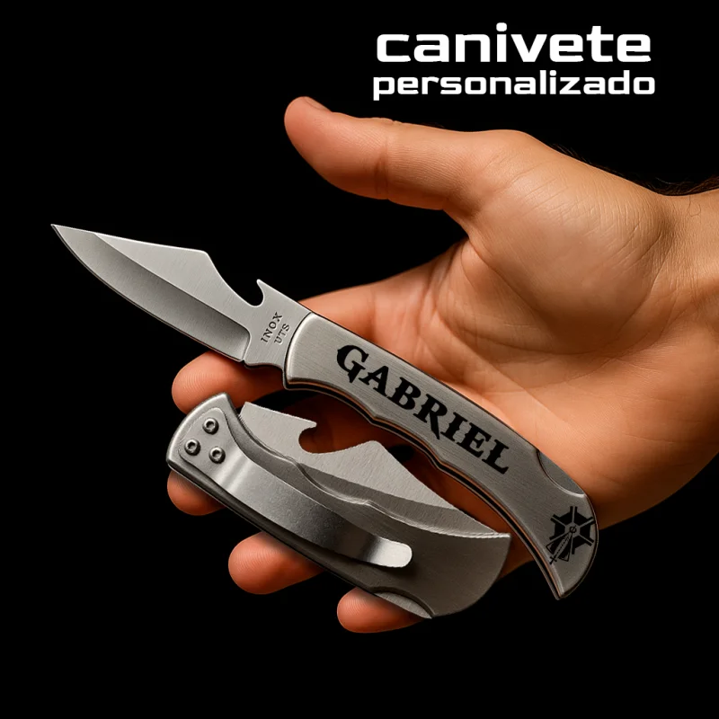 Canivete Personalizado Com Abridor De Garrafa Na Lamina Com Presilha Em Inox Seu nome e Logo - 888b