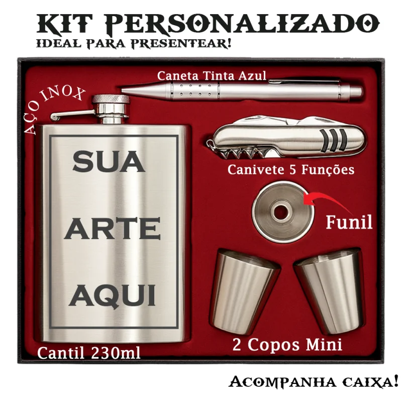 Kit Cantil Personalizado Premium 230ml Com Copos Funil Caneta e Canivete Com Caixa 