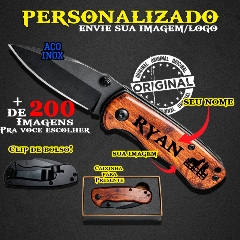 Canivete Cabo de Madeira Personalizado Com Presilha Compacto Logo e Nome - DGA