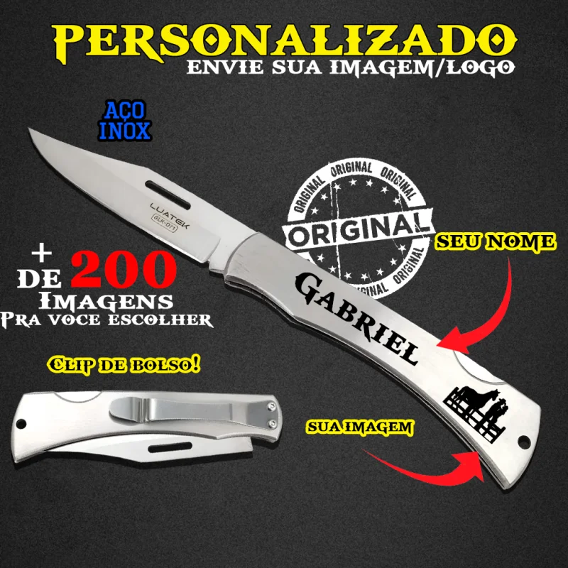 Canivete Premium em Aço Inox Com Presilha de Bolso Personalizado Com Seu logo nome Imagem